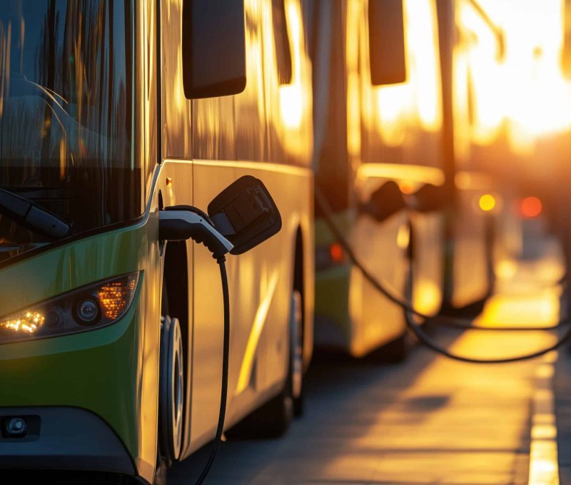 Various electric buses are charging