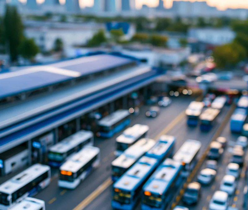 City bus station aerial view showing traffic and urban landscape, comprehensive transportation infrastructure overview, defocused city in background, aerial bus station concept