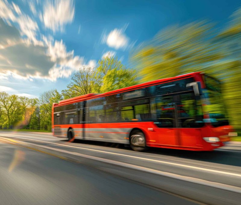 Side view of a red bus driving on the highway with a motion blur effect. It is a sunny day with a sunny sky that has clouds. There are green trees along the road. --ar 125:83 --stylize 250 Job ID: 595e725a-313a-4ebb-a32e-f8220d285bb1