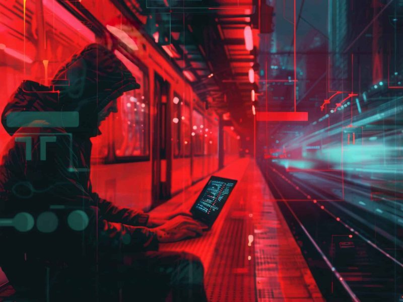A person in a hoodie is typing on a laptop in a metro station, demonstrating the potential dangers of using public Wi-Fi networks.